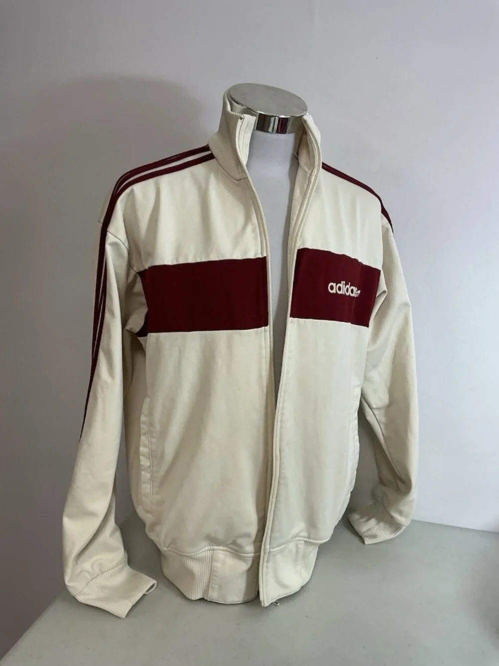 Vintage Adidas Track Jacket Burgundy Stripes Mens Medium